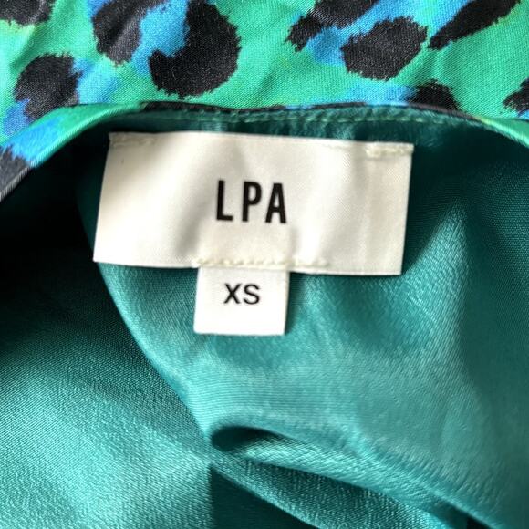 New LPA Revolve Green Leopard Print Mini Dress Women's Size XS Satin Ruffle - Picture 9 of 11